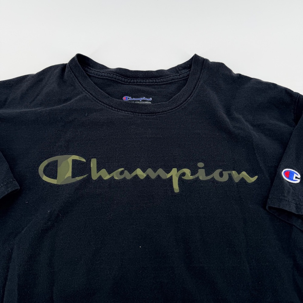 Champion Camo Script Logo Graphic T-Shirt Mens Medium Black Short Sleeve Tee